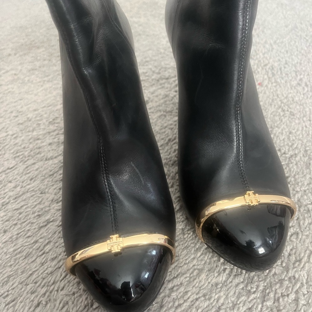 Tory Burch booties (black) patent leather tip, gold frame